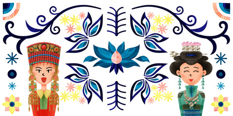 Obraz na płótnie Canvas 花の民族柄と民族衣装の女性