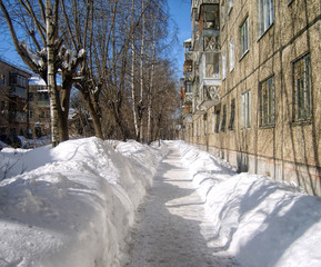 Road cleared from snow. Apartment house.