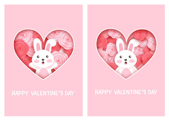 set of valentine's day cards with cute rabbit and roses .