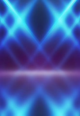 Empty dark background scene of the show. Neon ultraviolet blurry lights. Smoke, fog