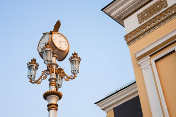Fototapeta na wymiar Street lamp with a clock and a bird