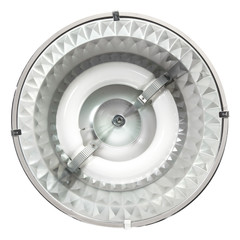 Industrial induction energy saving lamp for indoor lighting with shiny metal reflector isolated on white.