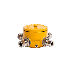 Yellow metal junction box for wiring with four inputs for indoor and outdoor use isolated on white...