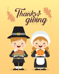 Cute cartoon pilgrim couple holding pumpkin & roasted turkey isolated on yellow background. Thanksgiving day character in flat vector illustration.