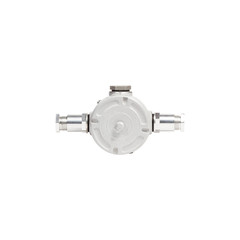 Grey metal junction box for wiring with three inputs for indoor and outdoor use isolated on white...