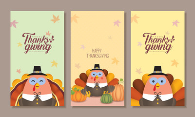 Set of Thanksgiving day template for smartphone wallpaper, screensaver, poster or banner design. Cute cartoon turkey with pumpkins. Autumn give thanks flat vector illustration. 