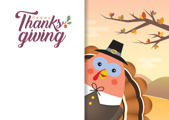 Thanksgiving day template or copy space. Cute cartoon pilgrim turkey bird on autumn landscape background. Give thanks flat vector illustration.