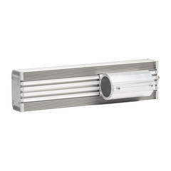 Industrial LED lighting bar in metal housing for mounting on pipe isolated on white background.
