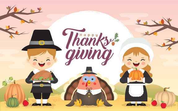 Thanksgiving template or copy space. Cute cartoon pilgrim boy & girl holding roasted turkey & pumpkin with turkey bird on fall background. Thanksgiving character in flat vector illustration.