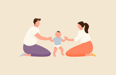 Mom and dad are holding their baby. Care and love. Vector modern illustration