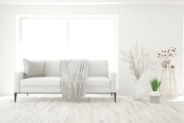 Stylish room in white color with sofa. Scandinavian interior design. 3D illustration