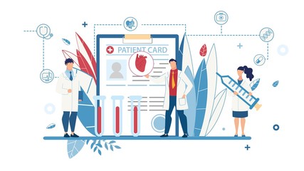 Cartoon Male and Female Doctors in Uniform Standing with Medical Equipment over Huge Patient Card. Treatment, Early Disease Detection and Preventive Vaccination. Telemedicine. Vector Illustration