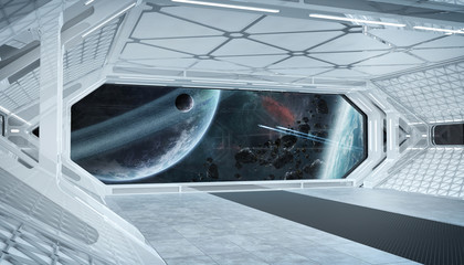 White blue spaceship futuristic interior with window view on space and planets 3d rendering