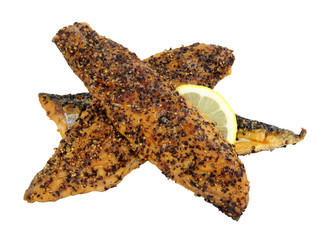 Hot smoked peppered mackerel fillets with crushed peppercorns isolated on a white background