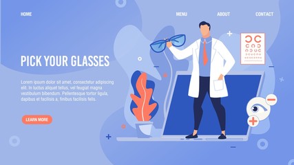 Glasses Selection Online Service. Flat Cartoon Lading Page. Doctor Ophthalmologists Offering Barnacles for Myopia and Hyperopia Correction. Ophthalmology Internet Store. Vector Illustration - obrazy, fototapety, plakaty