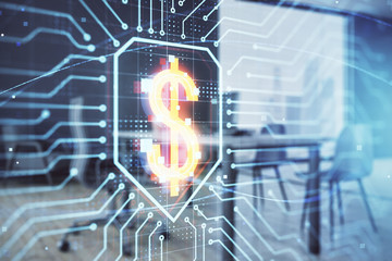 Business theme hologram with minimalistic cabinet background. Double exposure.