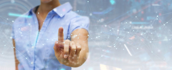 Fototapeta premium Woman using floating digital network connections with dots and lines 3D rendering