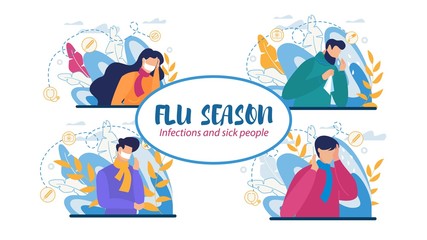 Fototapeta premium Infections and Flu Season Set with Sick People Bundle. Man and Woman Characters Wearing Scarf Feeling Unwell, Having Headache, Runny Nose, Sore Throat and Coughing. Vector Flat Cartoon Illustration