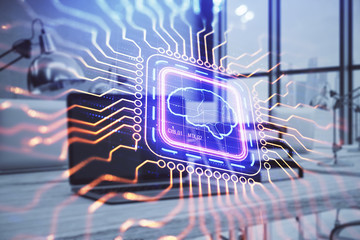 Brain sketch hologram with desktop office background. Double exposure. Brainstorm concept.