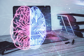 Brain sketch hologram with desktop office background. Double exposure. Brainstorm concept.