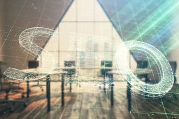 Double exposure of seo hologram on conference room background. Concept of search optimization