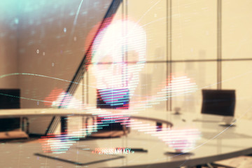 Double exposure of hacking theme hologram on conference room background. Concept of cyberpiracy