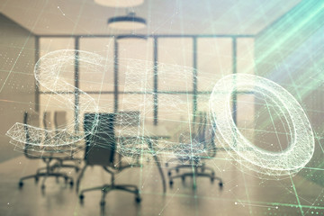 Obraz premium Double exposure of seo hologram on conference room background. Concept of search optimization