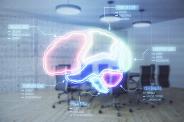 Double exposure of brain drawing on conference room background. Concept of education