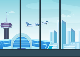 Airport passenger terminal building, with flying airplane in the sky on background of smart city, cityscape, high-rise buildings, skyscrapers, business centers cartoon vector illustration.