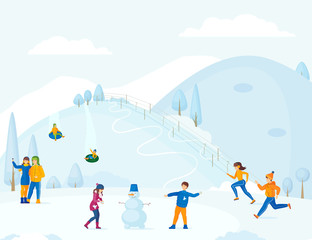 Vacation winter time young couple  in winter clothes have romantic winter vacation time. Young people skating, they sculpt snowman, ski, play snowballs, take selfie together. Winter time vector