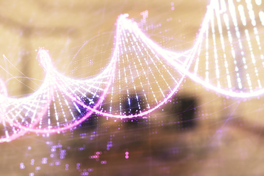 Double exposure of DNA hologram on conference room background. Concept of education