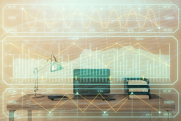 Stock market chart and desktop office computer background. Multi exposure. Concept of financial analysis.
