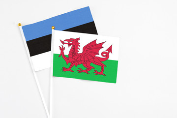 Wales and Estonia stick flags on white background. High quality fabric, miniature national flag. Peaceful global concept.White floor for copy space.