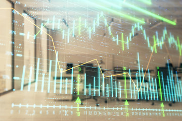 Stock and bond market graph with trading desk bank office interior on background. Multi exposure. Concept of financial analysis