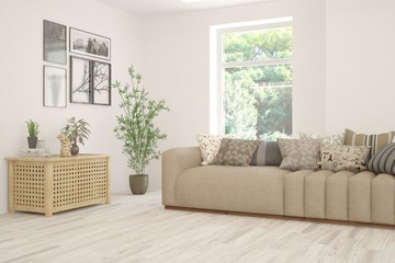Stylish room in white color with sofa and summer landscape in window. Scandinavian interior design. 3D illustration