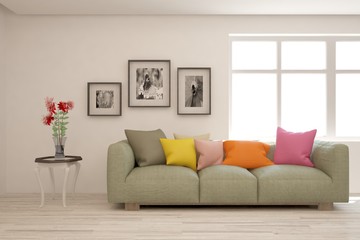 Stylish room in white color with sofa. Scandinavian interior design. 3D illustration