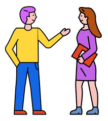 Man and woman stand together and talking. Business meeting of two managers. Guy consulting lady about work. Conversation of friends. Female holding red tablet in hand. Minimalist vector flat style