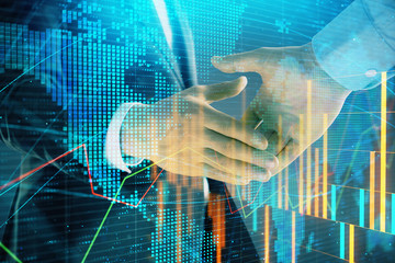 Multi exposure of forex graph and world map on abstract background with two businessmen handshake. Concept of success on international markets