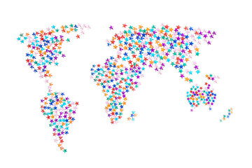 A sketchy world map made of multi-colored rhinestones in the form of stars. The concept of global holidays, New Year, Christmas. White background, minimalism. The approximate outline.