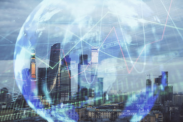 Double exposure of financial graph and world map on city veiw background. Concept of financial market research and analysis