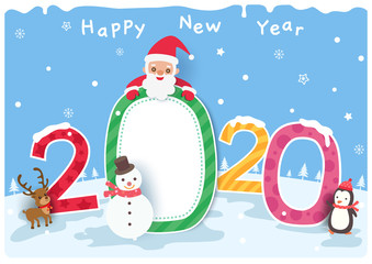 Happy New Year of 2020 design with santa claus and snowman on snow background.