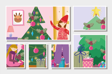 girls decorating trees gifts tree merry christmas, happy new year