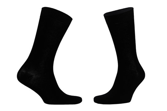 Blank black cotton long socks on invisible foot isolated on white background as mock up for advertising, branding, design, front side, side view, template.