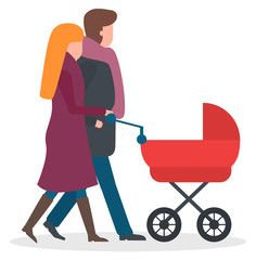 Parents with kid in baby carriage strolling together. Mother and father with child walk outdoor in winter. People in warm clothes like scarf and overcoat walking on pathway with vector red pram
