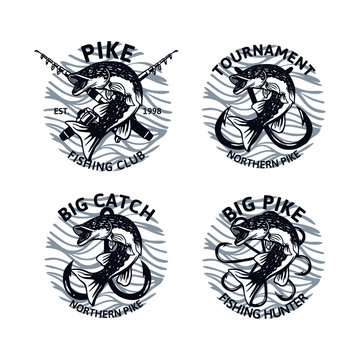 set of northern pike fishing logo club tournament big catch, vintage emblem badge