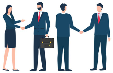People meeting at conference vector, man and woman flat style characters making deals. Handshake of businessman and businesslady, personage carrying briefcase with documents contracts papers