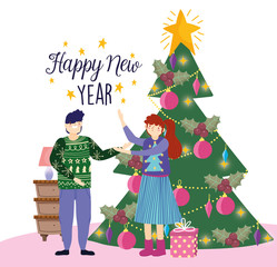 couple with tree gift box merry christmas, happy new year