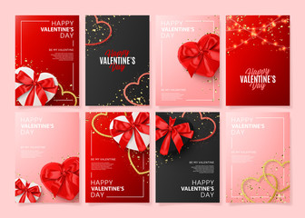 Set of Happy Valentine's Day posters. Vector illustration with realistic Valentine's Day attributes and symbols. Brochures design for promo flyers or covers in A4 format size. - obrazy, fototapety, plakaty