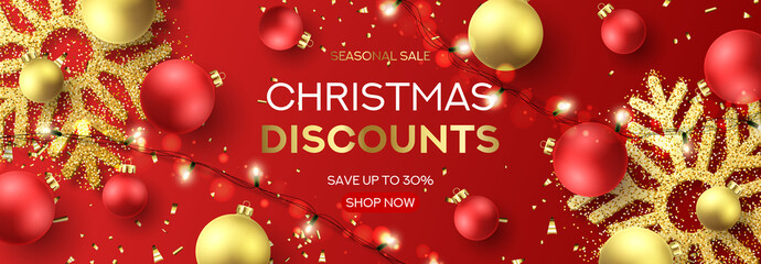 Web banner for Christmas sale. Holiday background with sparkling light garlands, red and golden balls, confetti and snowflakes. Vector illustration. Seasonal discount promotion.