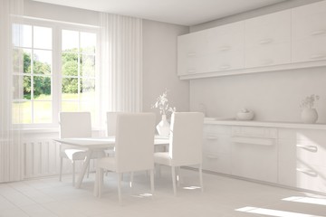 White stylish minimalist kitchen. Scandinavian interior design. 3D illustration